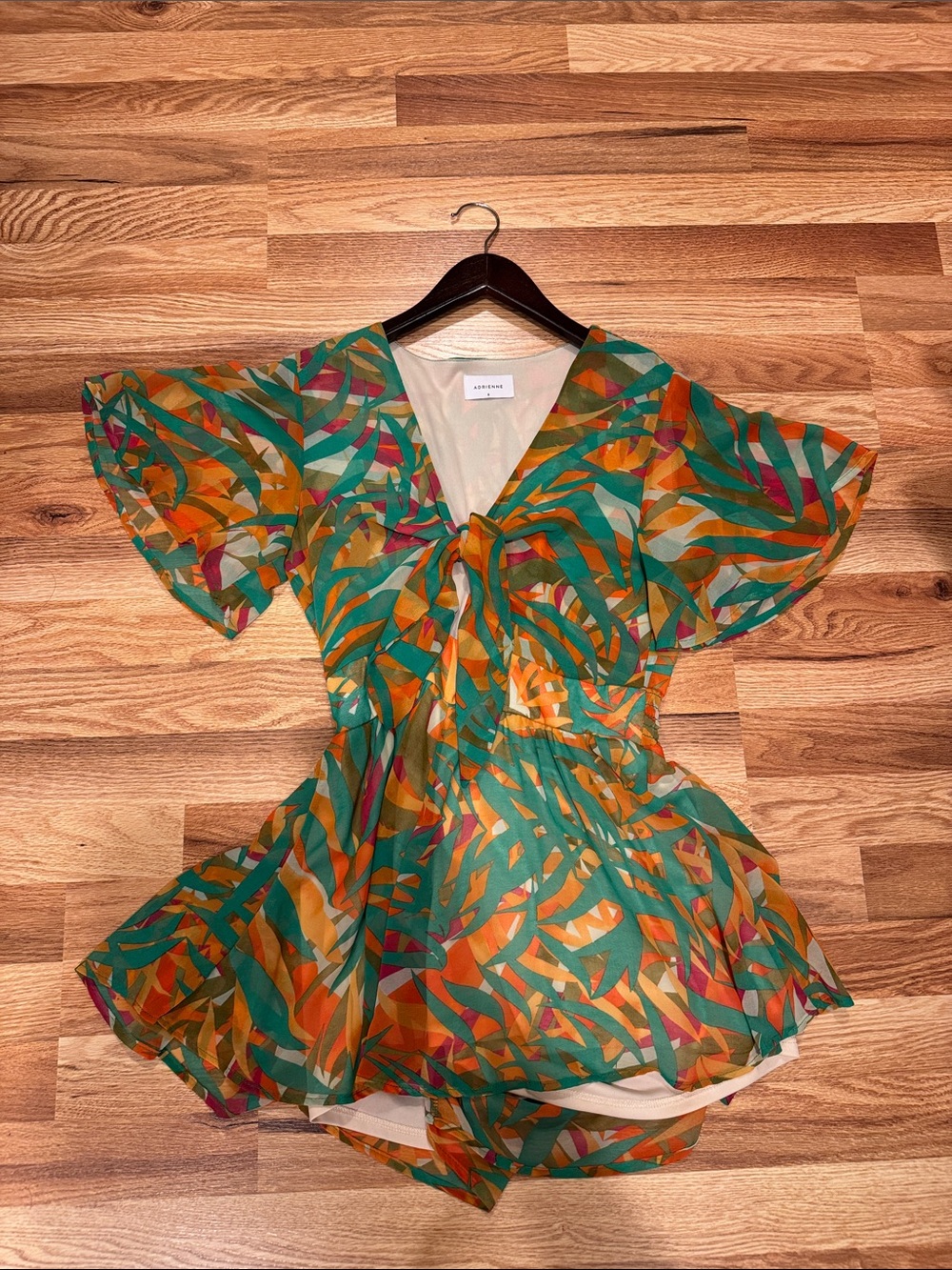 Adrienne Multicolor Leaf-Print Romper in Green, Orange, Teal